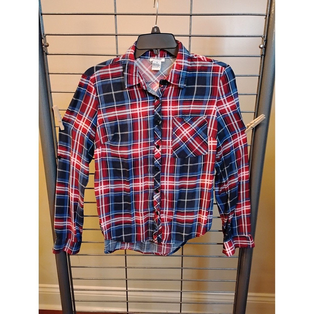 Prototype Womens Red Blue Plaid Button Down Shirt Rayon Long Sleeve Size Medium